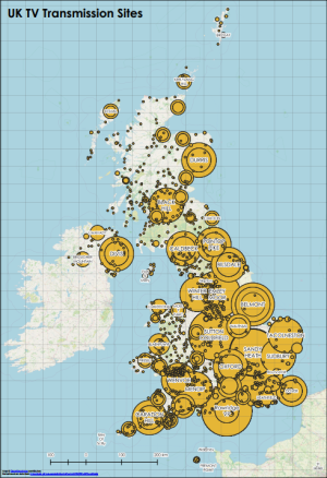 Map of UK Transmission sites comparing power levels.