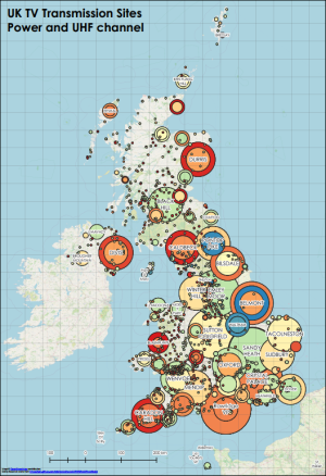 Map of UK Transmission sites comparing power levels and UHF.